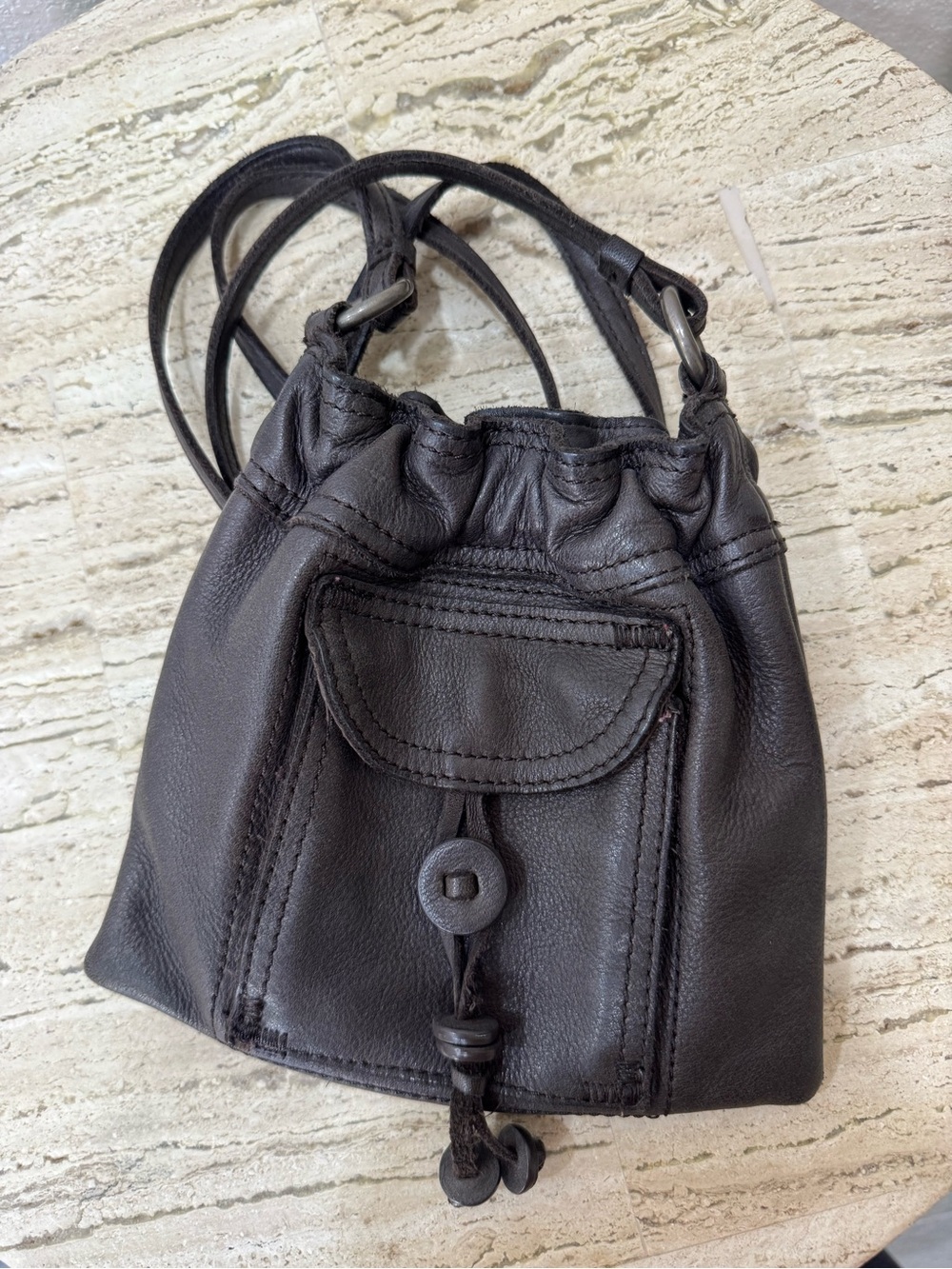 Black mini Leather Drawstring Crossbody Bag